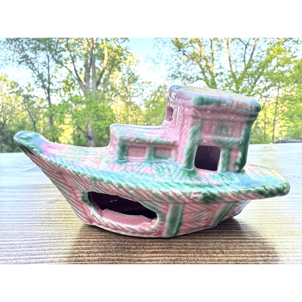 Vintage Hanaki Ceramic Tugboat Aquarium Ornament Fish Tank Boat Nautical Decor